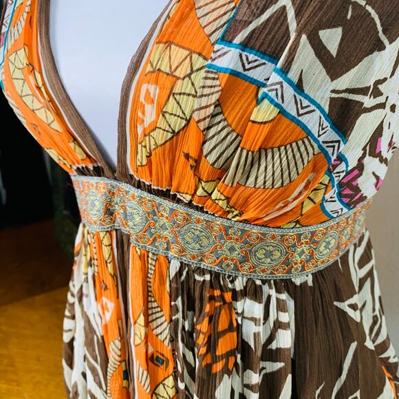 Vintage Nicole Miller Sz 4 Silk Plunge Sleeveless Dress Brown Orange Summer Fall - Picture 5 of 11